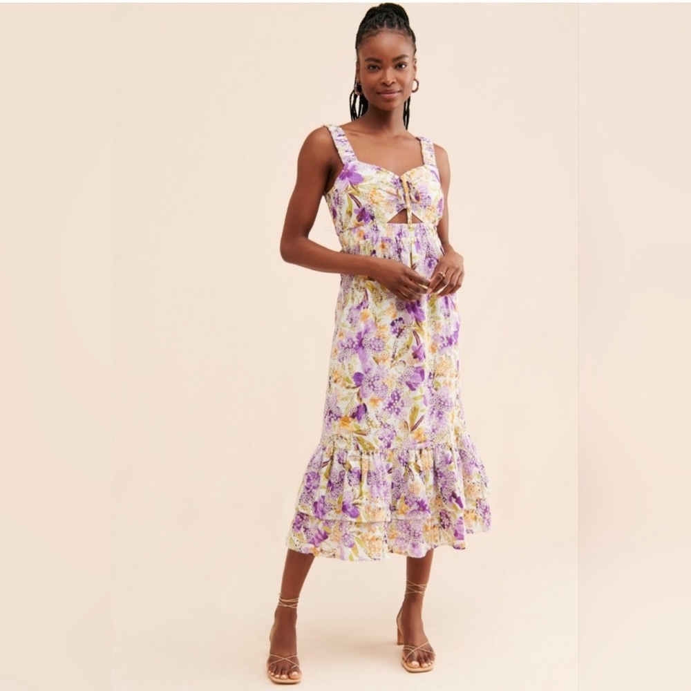 Adelyn Rae Purple and Yellow Floral Midi Dress | Size S